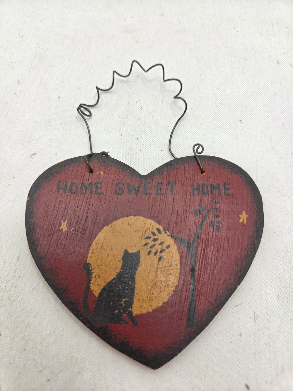 Vintage Primitive Black Cat Harvest Moon Heart Wood Sign Home Sweet Home Wire